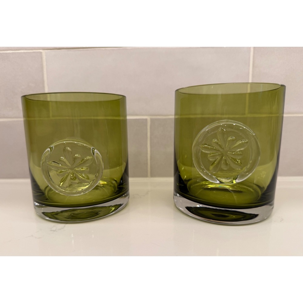 Vtg Dartington Glasses Olive Green Snowflake Medallion Set 2